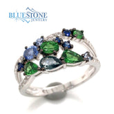 14K White Gold Ring with Sapphires, Tsavorite Garnets and Diamonds